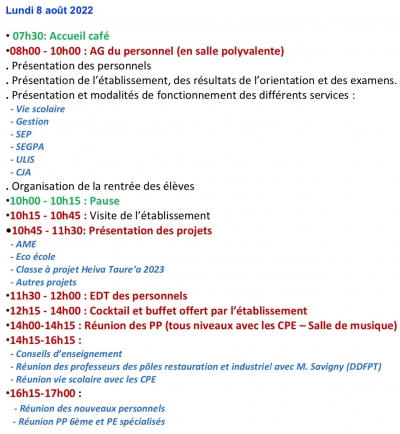 PROGRAMME DE PRE-RENTREE DES PERSONNELS DU LYCEE IHI TEA NO VAVAU