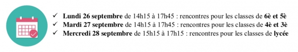 1ère rencontre parents-professeurs les 26, 27 et 28 septembre